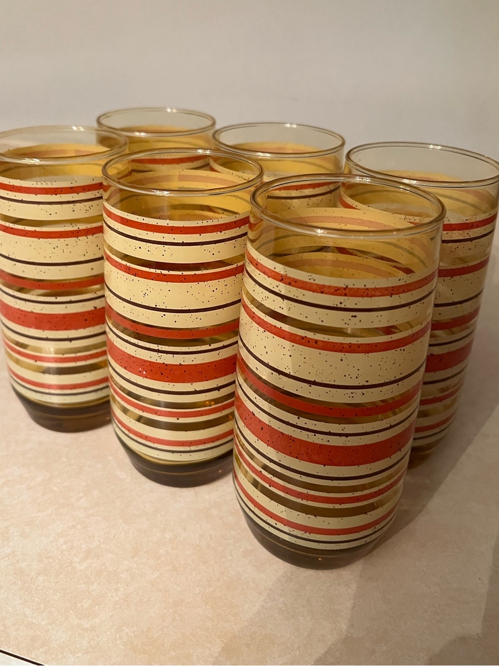 Set of 6 Anchor Hocking MCM Vtg Amber Glasses Cream & Orange with Brown Speckles